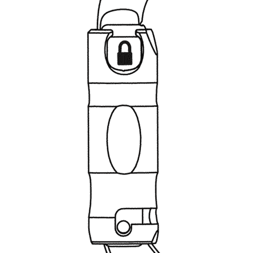 Black and white drawing of a carabiner with lock symbol at the top and mechanical clasp at the bottom, without further inscription