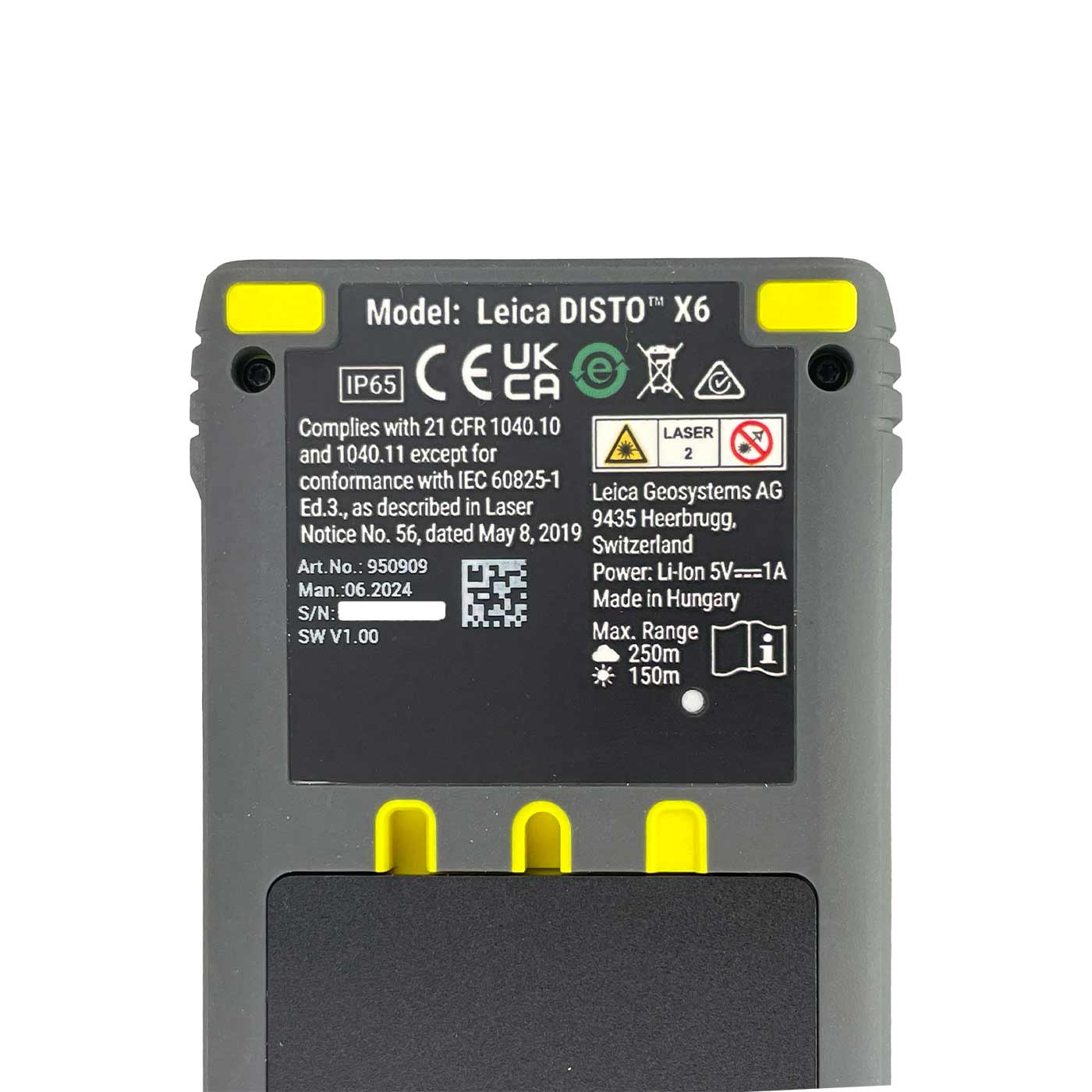 Back of the Leica Disto X6 laser rangefinder with model information, manufacturer Leica Geosystems