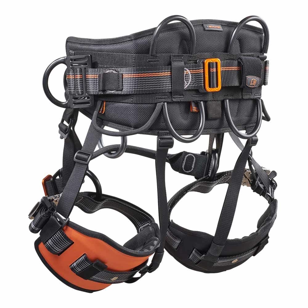 Ignite Arb Climbing Harness rear view with padded waist belt, orange details on the leg loops, black fastening rings and adjustable straps