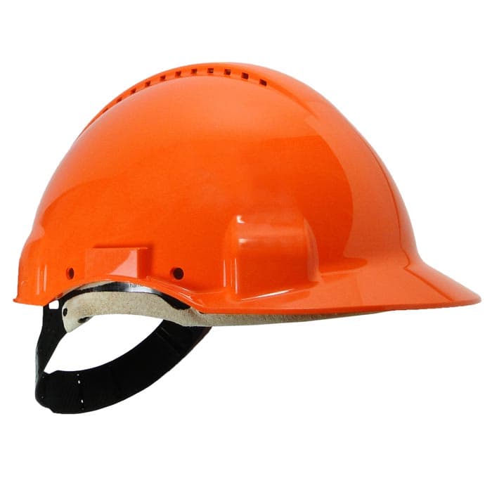 G3000 orange safety helmet with black inner strap and ventilation holes at the top
