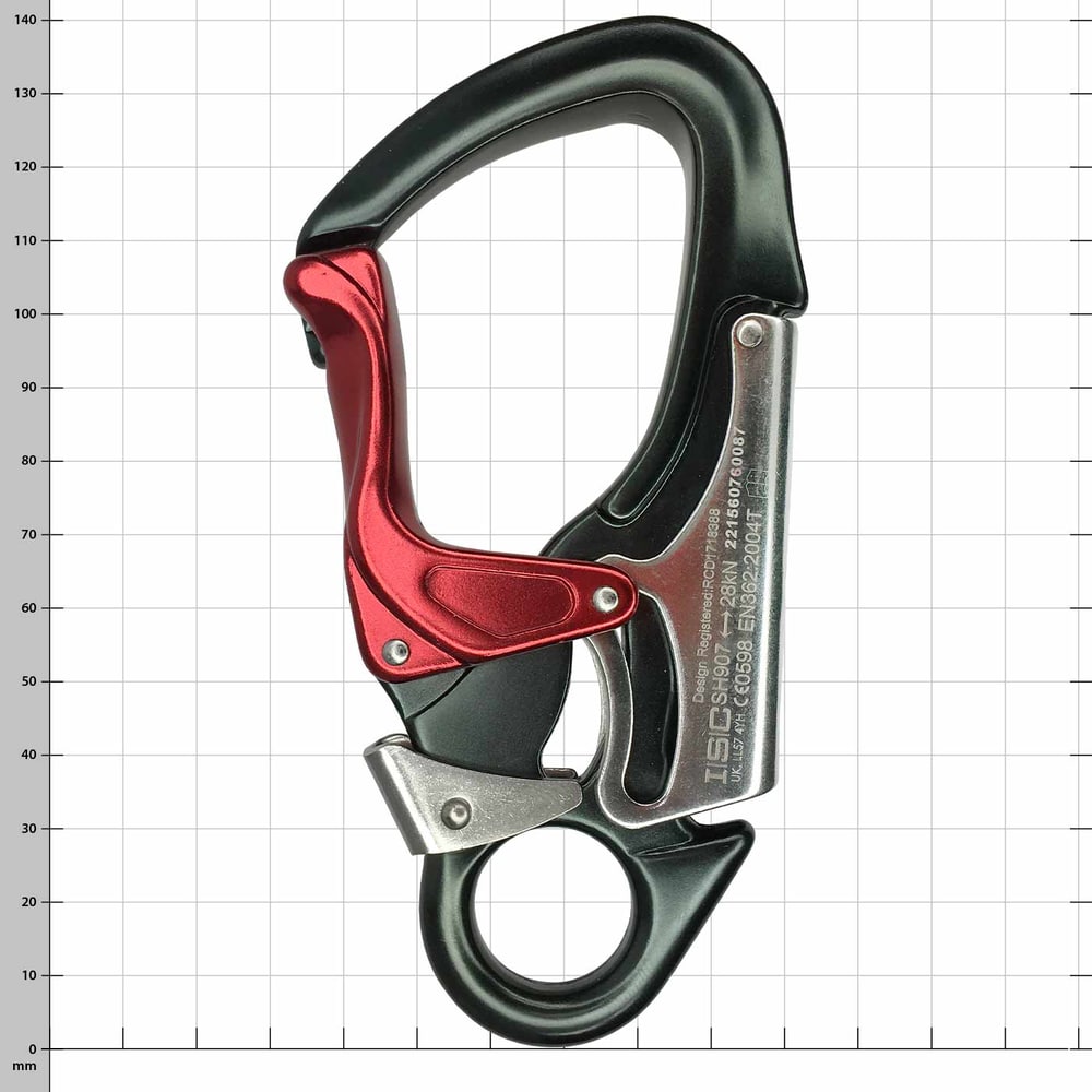 Triglav snap hook with black and red metal, side view with visible screws and engraving on the metal surface