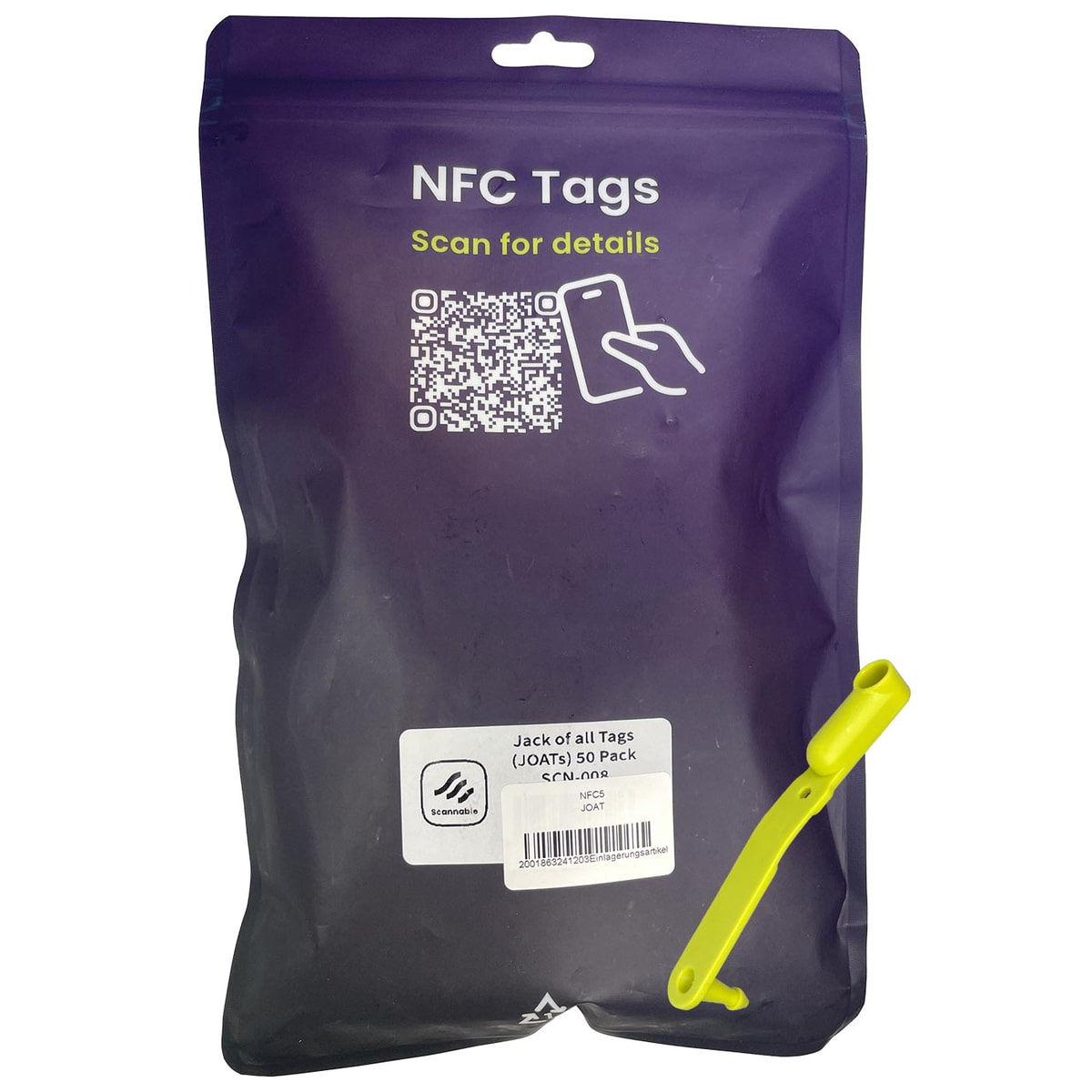 Back of the purple packaging of Scannable's NFC Tag loops with a QR code, text "NFC Tags Scan for details" and a white sticker, two yellow loops are on the outside