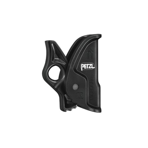 Micrograb by Petzl, black climbing device with round handle and arrow pointing up against a white background