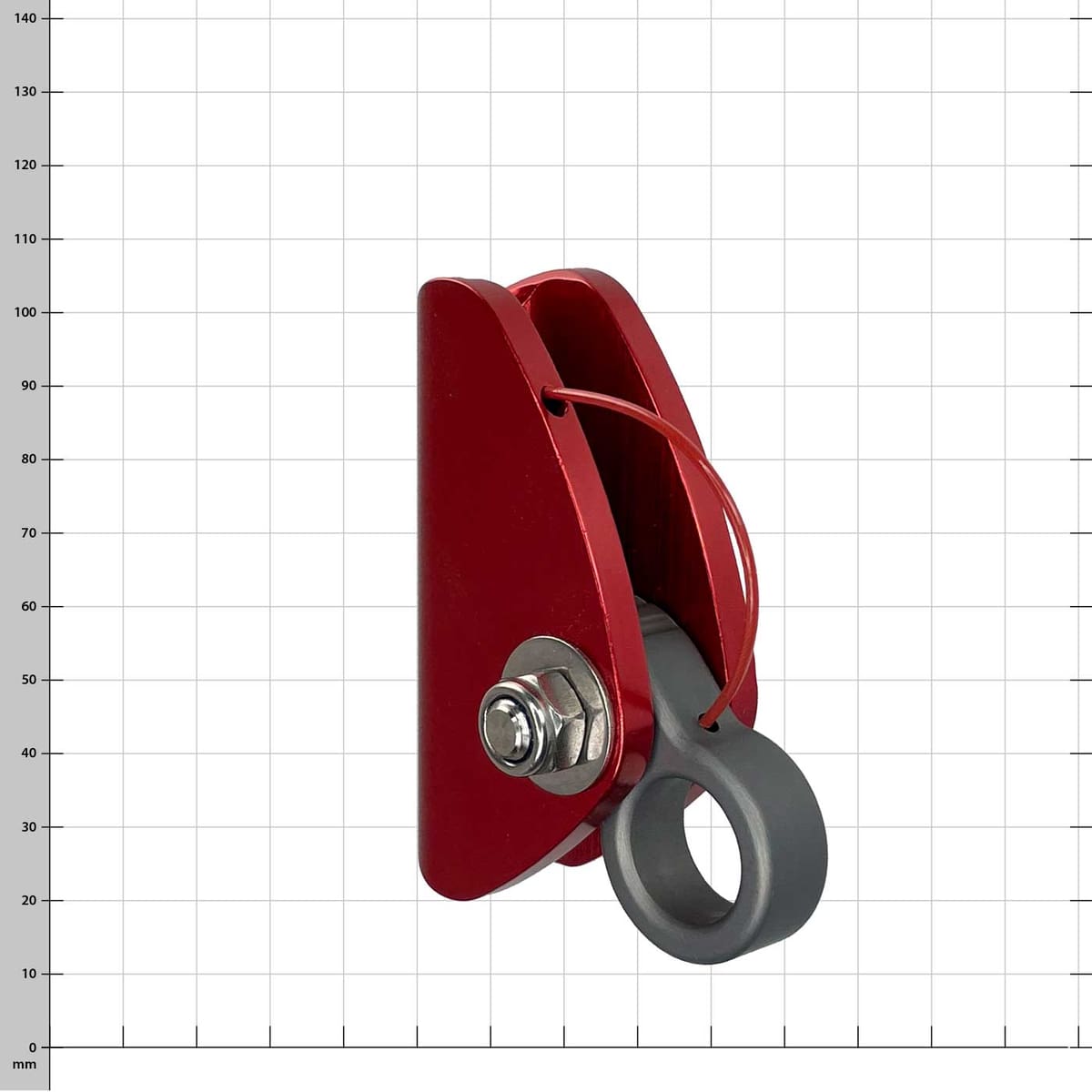 Mini Ropegrab, Red Rope Device with Gray Ring and Metal Clasp, Side Oblique View