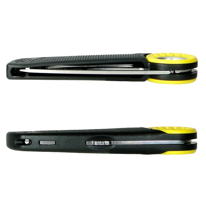 Petzl Spatha Folding Knife with Black Handle and Yellow Ring, Knife Closed from Two Side Views