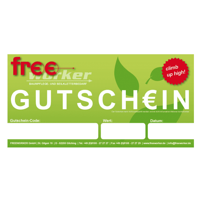 PROTOS-Voucher® in green with red lettering "free" and white lettering "GUTSCHEIN", manufacturer Freeworker GmbH, with fields for voucher code, value and date, red sticker with text "climb up high!"