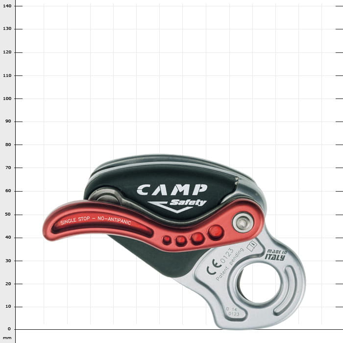 Druid Pro by CAMP Safety, black and silver device with red lever and round holes