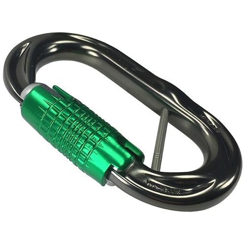 PerfectO Captive Bar Carabiner Reclining with Black Body and Green Clasp, Photographed from Above