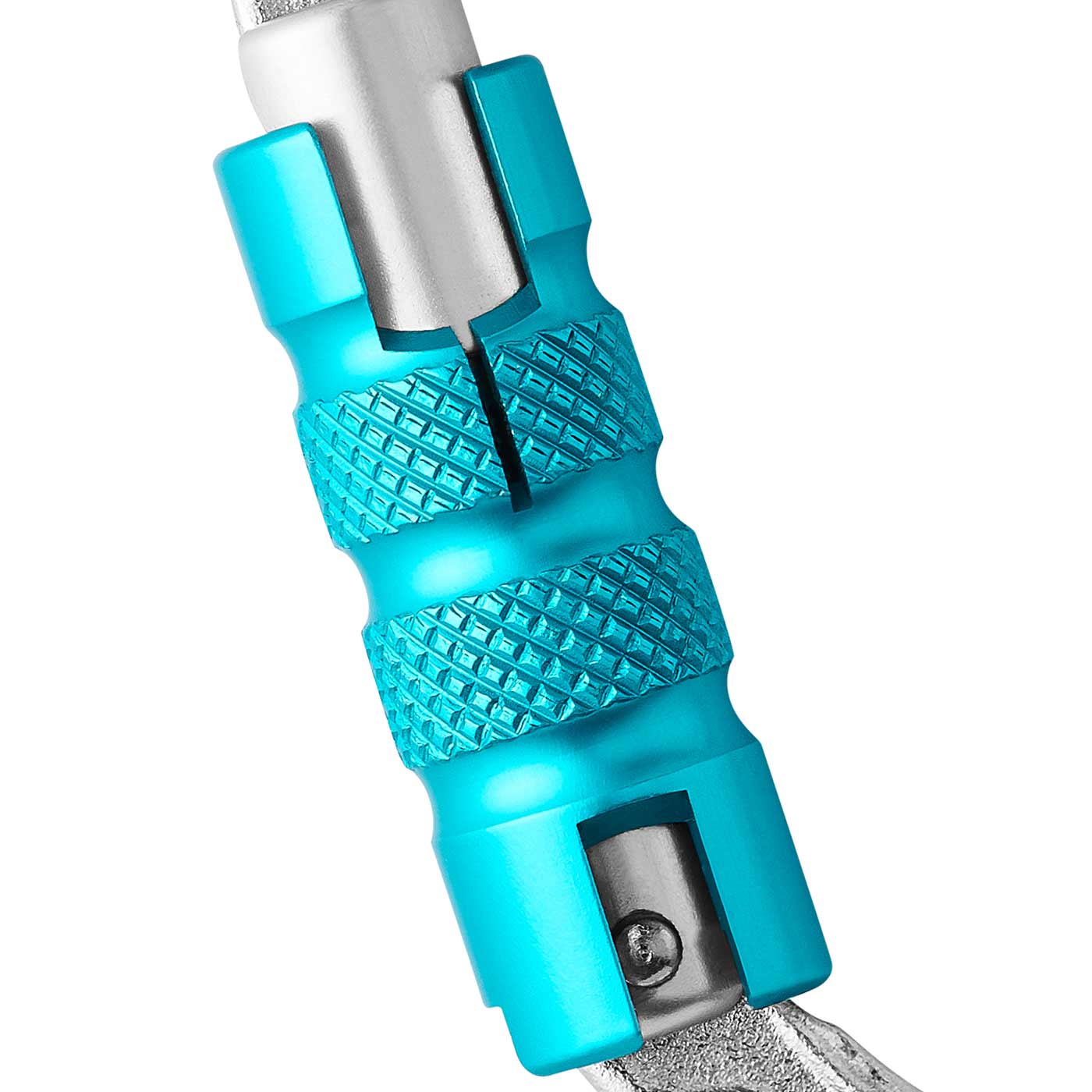 Close-up of blue screw cap on oval power steel triple carabiner
