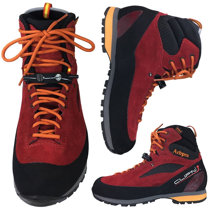 Three views of the ClipnStep EZloop hiking shoe in red and black with orange laces, sideways, from above and diagonally