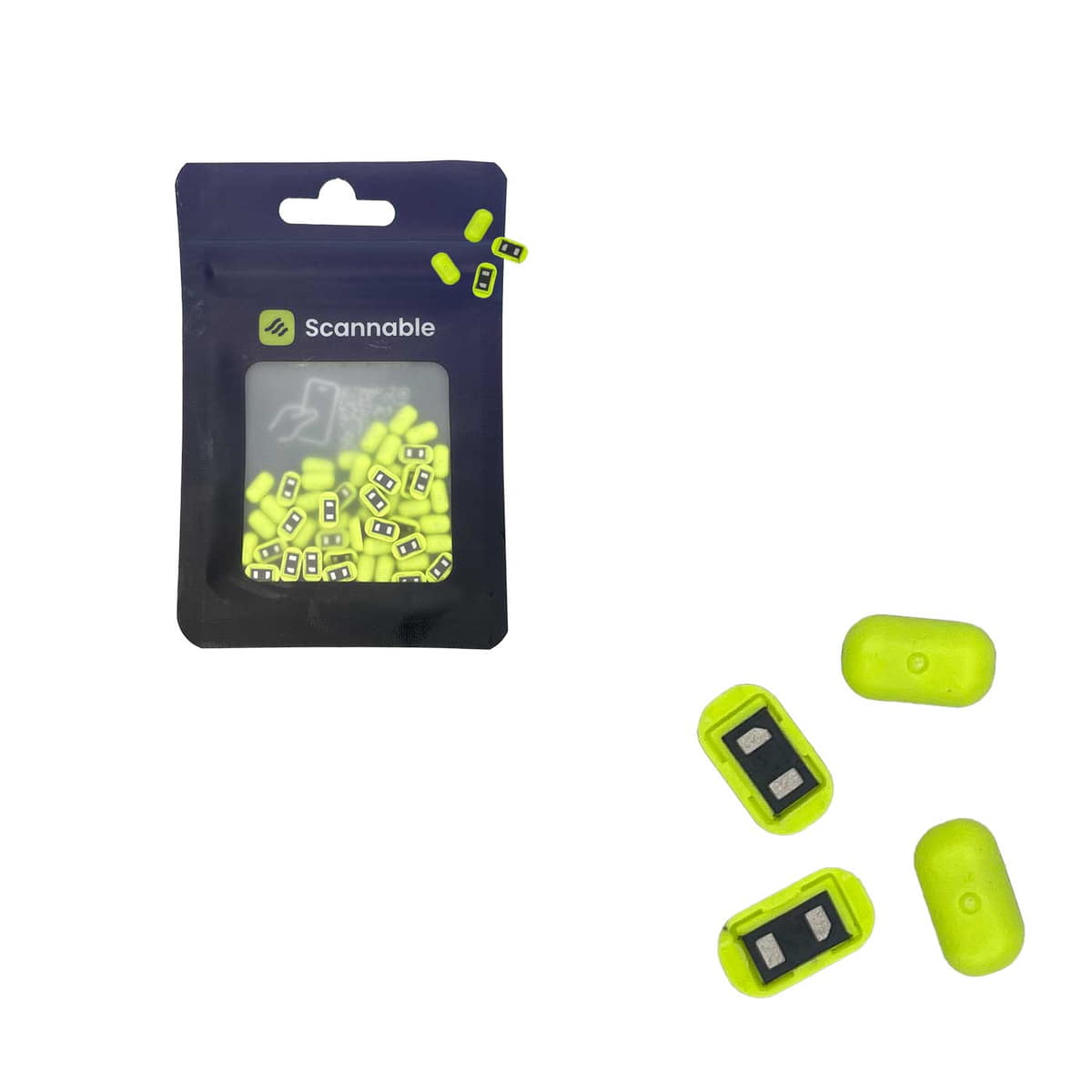 Hardware NFC Tag from Scannable, black packaging with transparent window, many small yellow-green NFC tags visible in it