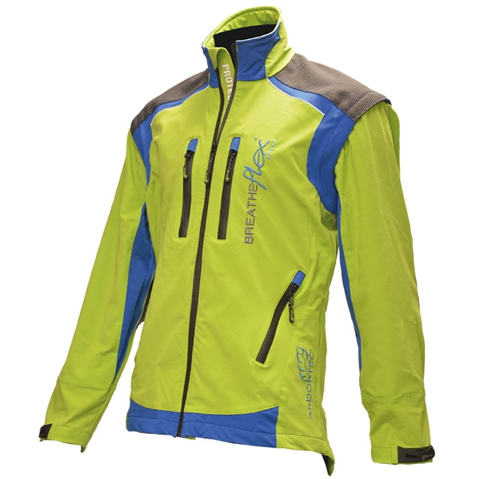 Breatheflex Pro Jacket in green with blue and grey accents, exposed front zip pockets and stand-up collar