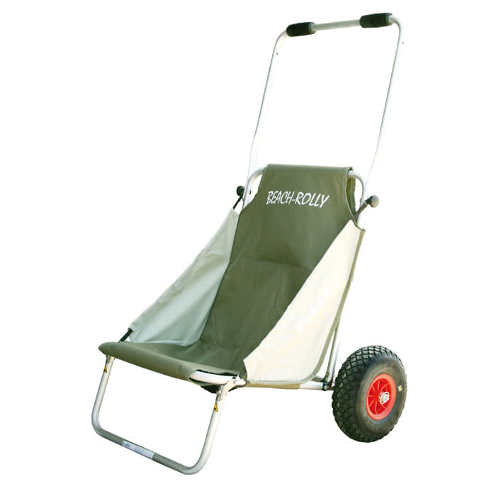 Beach Rolly beach wheelchair with green-beige fabric and aluminum frame, two large red tires are visible