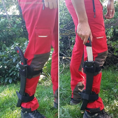 Person wears red pants and black shoes, the Talon Mount is attached to his right leg with a black handsaw