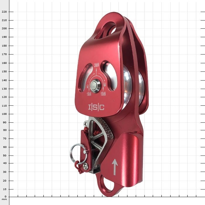 Double Rescue Hauler, Red Pulley with Two Pulleys and Metal Mechanism by ISC, Easily Photographed from a Different Angle