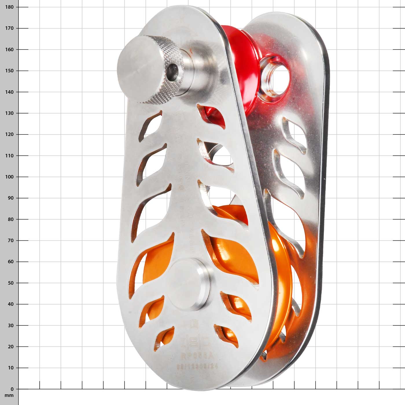 Fire-Block pulley with silver metal housing and orange pulley, manufacturer ISC, type RP056A