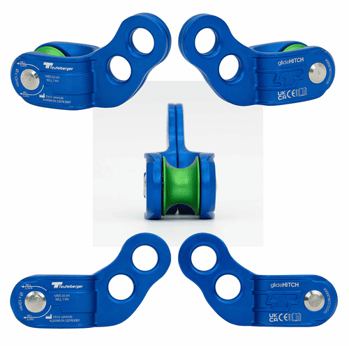 Five views of the blue Teufelberger glideHITCH pulley with green pulley, including front, back and side views, as well as a close-up of the pulley from the front