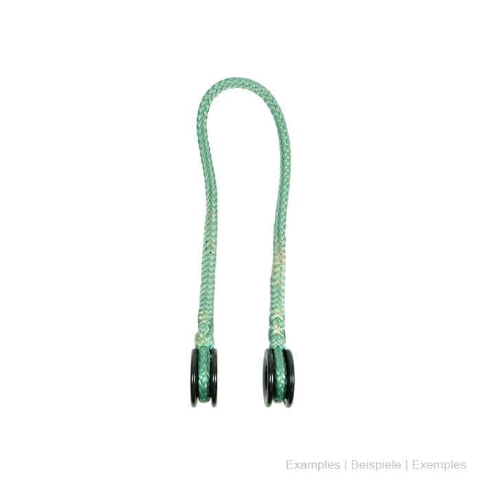 Rigging Ring M, two black rings on a green rope connected to a loop