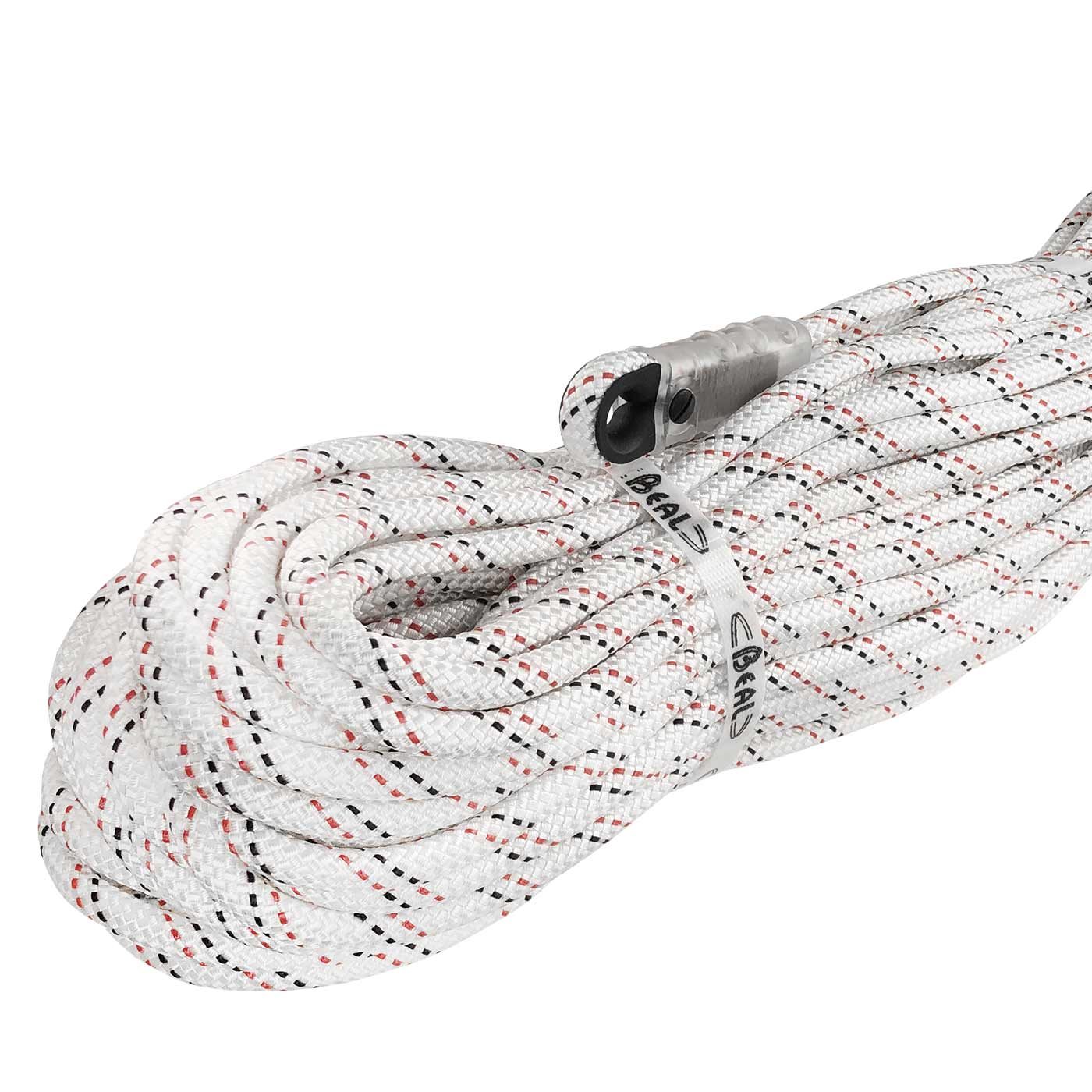 Industry 10.5 Rope in white with black and red patterns, rolled up and fixed with a white ribbon with the inscription "BEAL", end with transparent protective cap and black ring