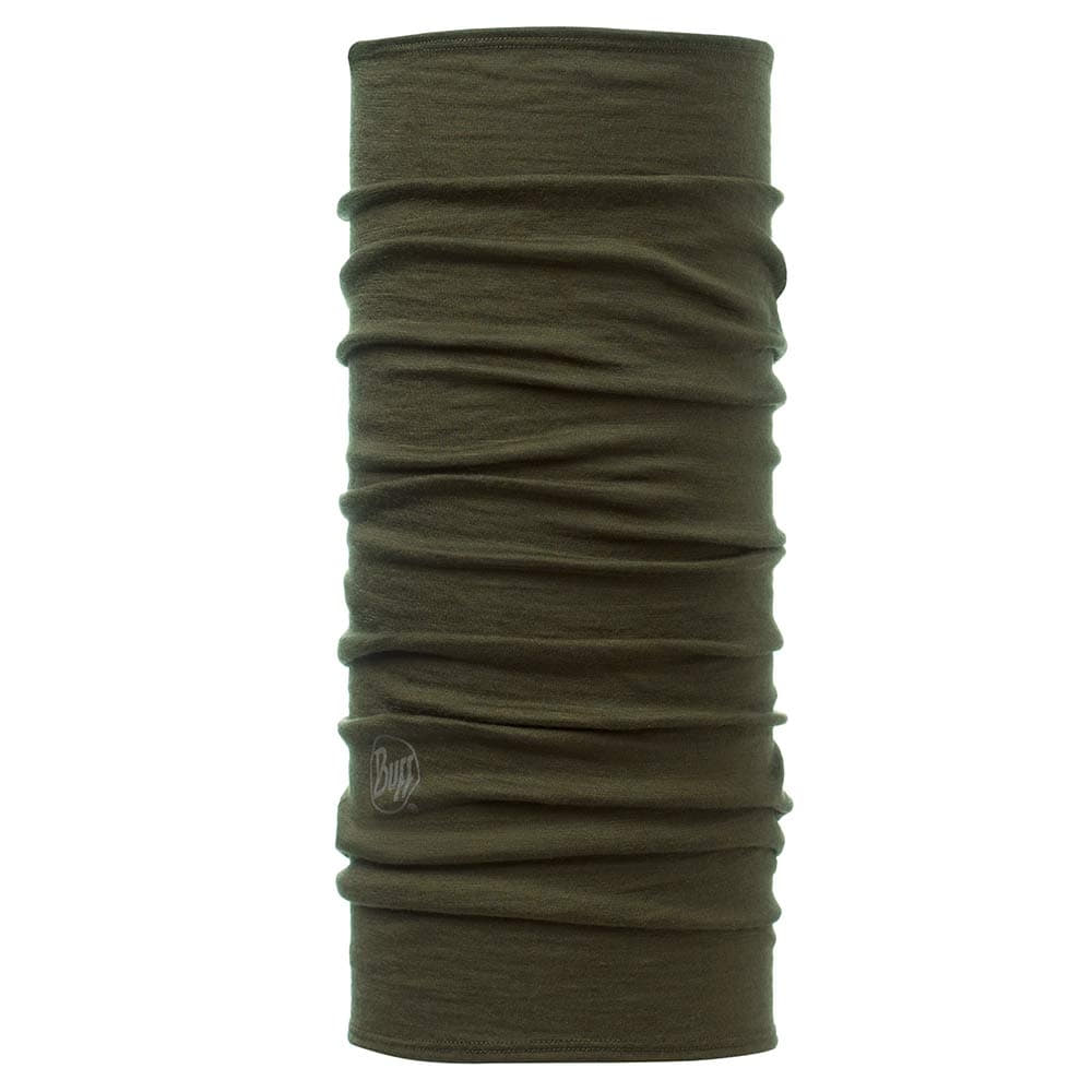 Olive green merino wool BUFF tube scarf with easily visible BUFF logo on the edge