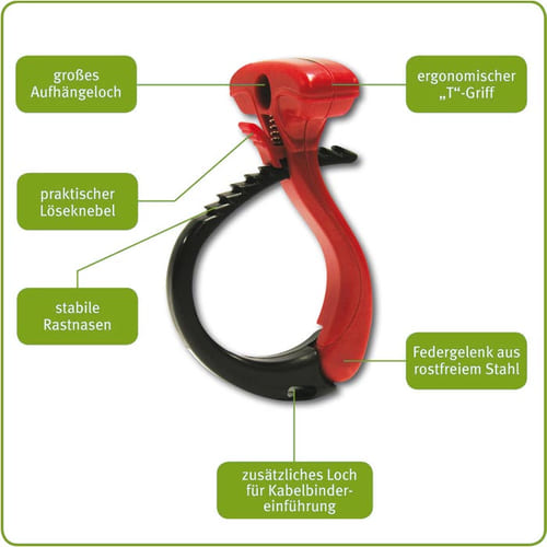 Cable Wraptor L, red and black plastic holder with inscriptions on functions such as suspension and cable tie insertion hole, practical release lever and spring joint made of stainless steel