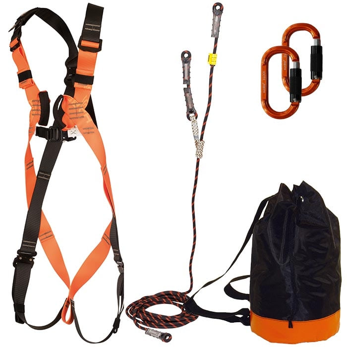 Fossy Set Uni 2, orange-black equipment set fall protection with straps and buckles, plus a black bag with orange bottom and two orange carabiners