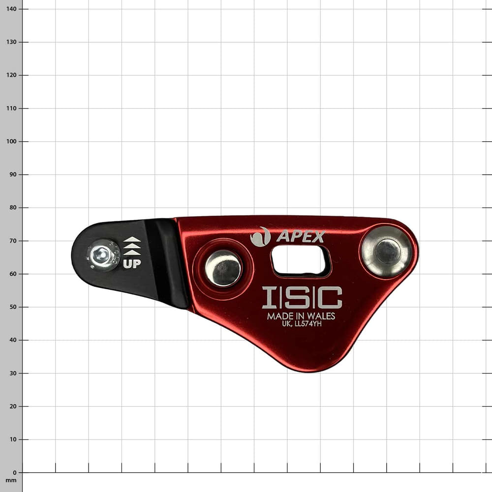 Apex Rope Wrench by ISC, red and black metal device with inscription "APEX ISC Made in Wales" against a white grid background