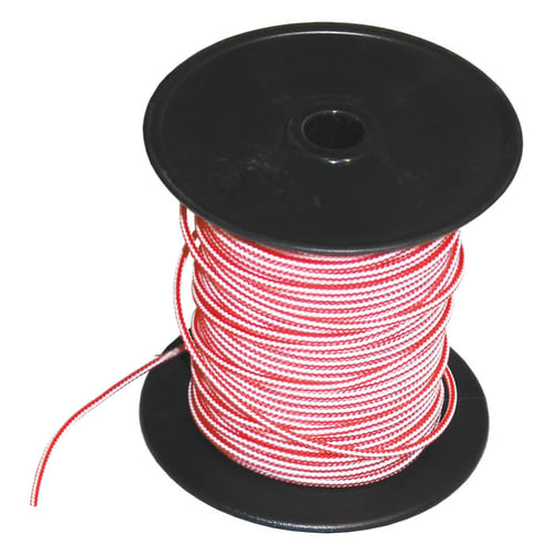 Black spool with red and white striped rope, coiled