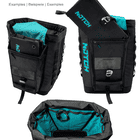 Three views of the black Approach Bag with turquoise lining, removable inner pockets, zipper compartment and carabiner, all with visible NOTCH logo