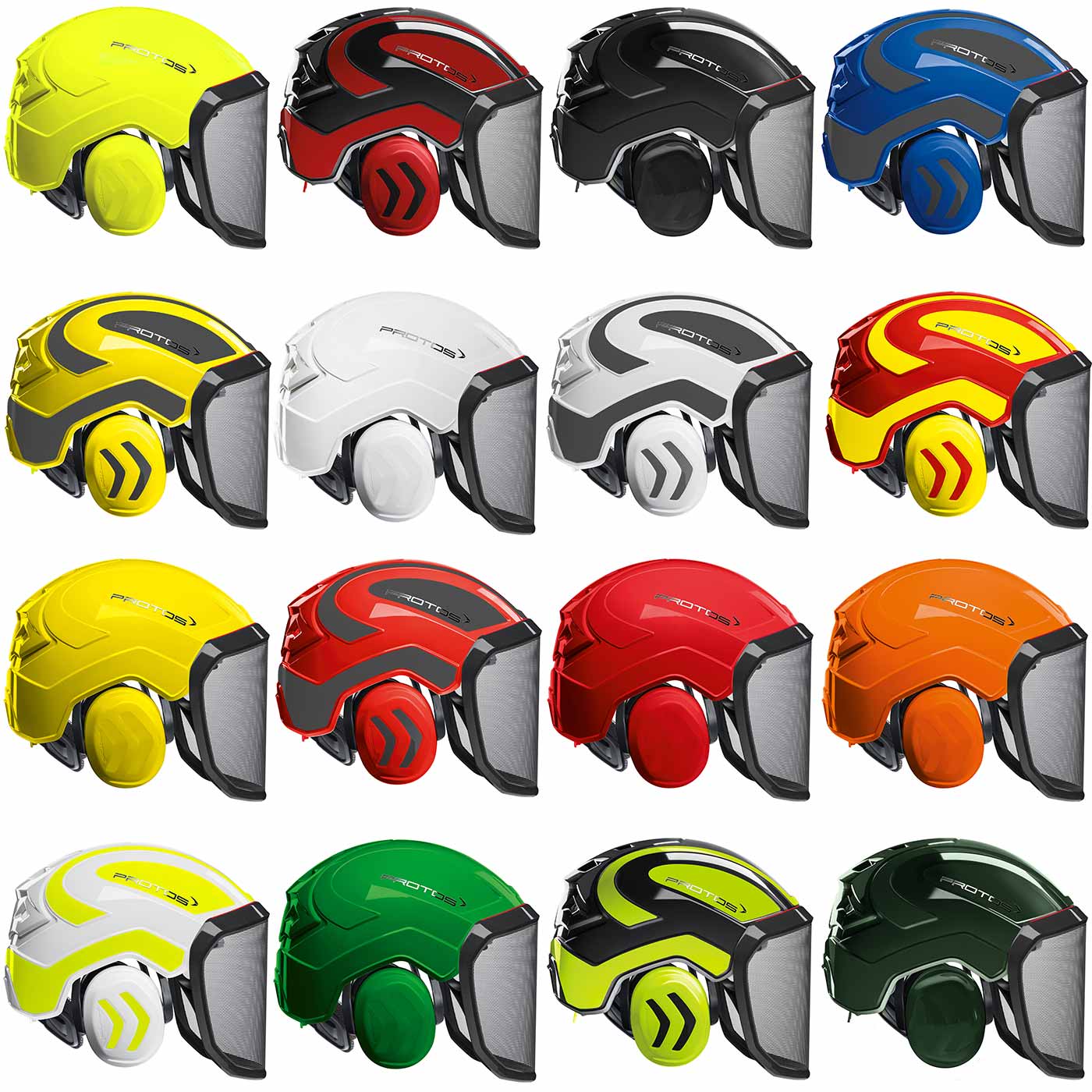 PROTOS Forest helmets in a variety of colors, including yellow, red, black, blue, white, gray, orange, and green, all with built-in hearing protection and metal mesh shield
