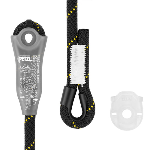 Close-up of the Petzl Jane-I belay device with inscription, black rope with yellow dots and white stitching, plus a small transparent plastic ring