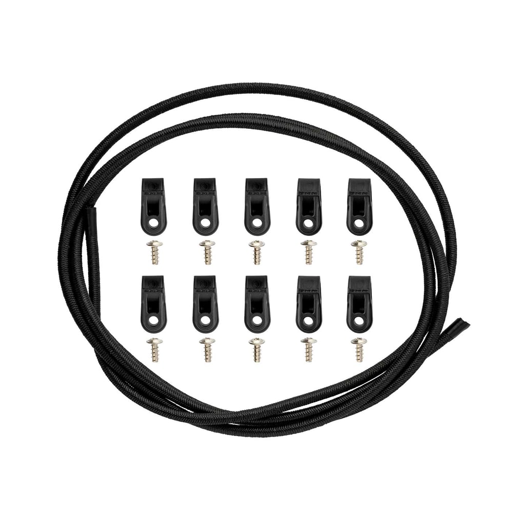 Tendon black rope with ten black brackets and ten screws on white background