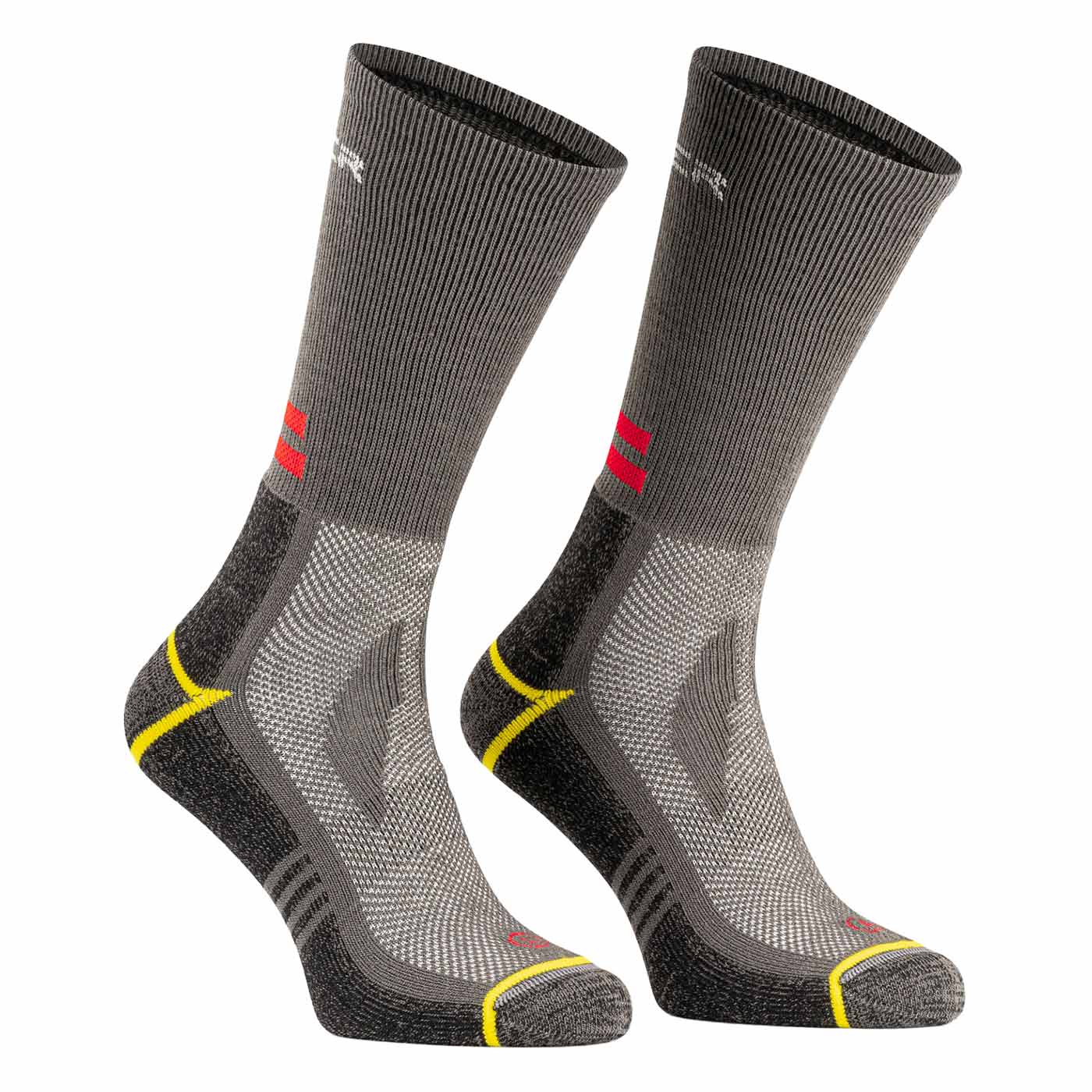 Outdoor EcoDry gray sports socks with yellow and red accents, pair view from the side.