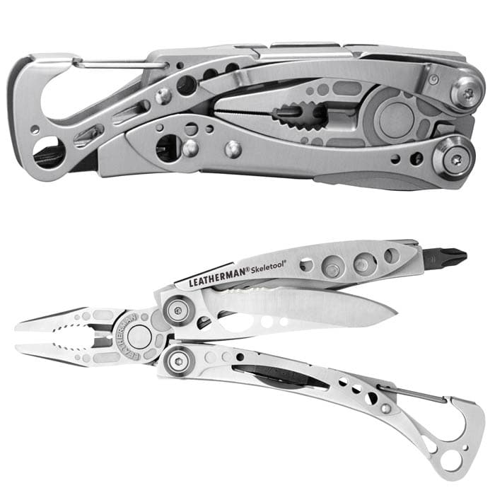 Leatherman Skeletool metal multitool, folded and partially opened with visible tools
