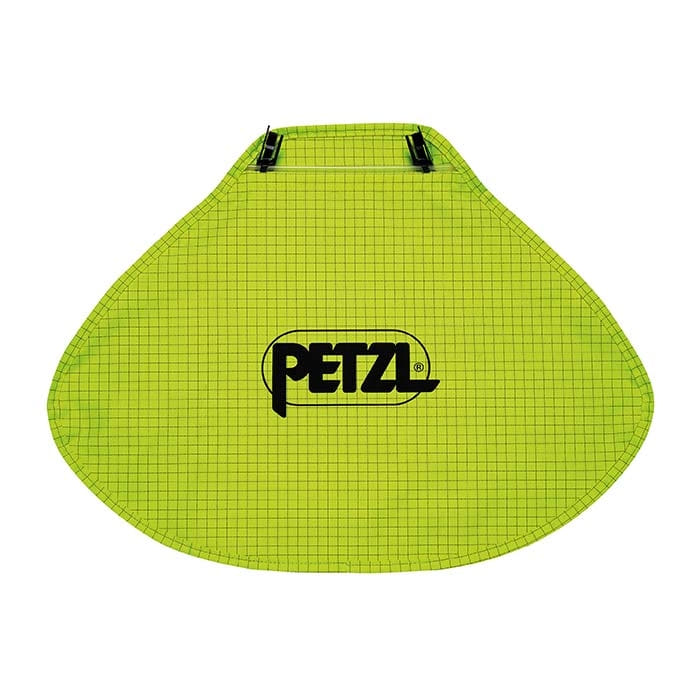 Petzl neck brace in light green with black check pattern and black Petzl logo in the middle
