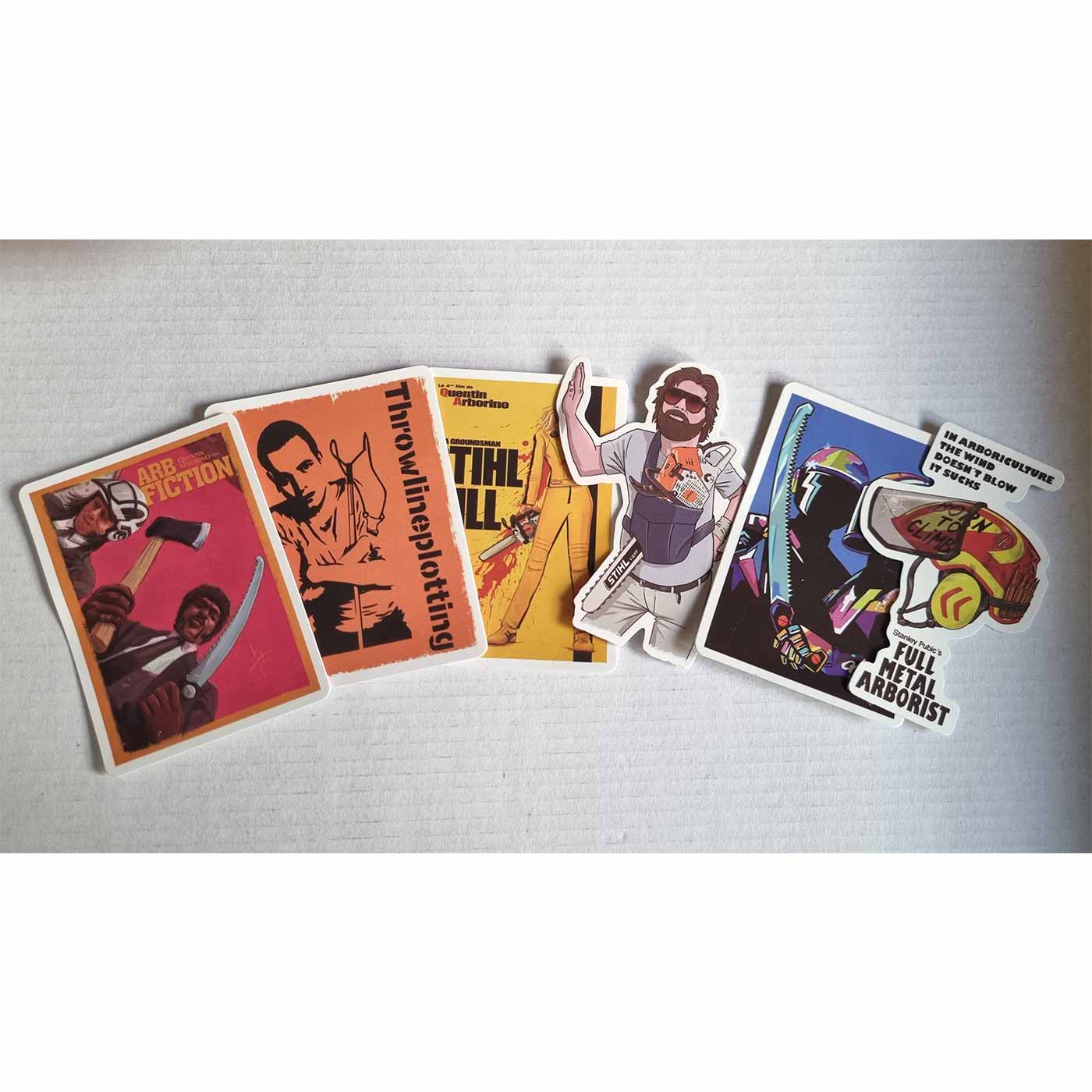 ARB Fiction Pack Vol. 1 Sticker with six individual motifs, including a man with an axe and a saw, a portrait with text "Throwlineplotting", a figure in a yellow suit with a chainsaw, a man with a chainsaw in a stretcher, a helmet with the inscription "FU