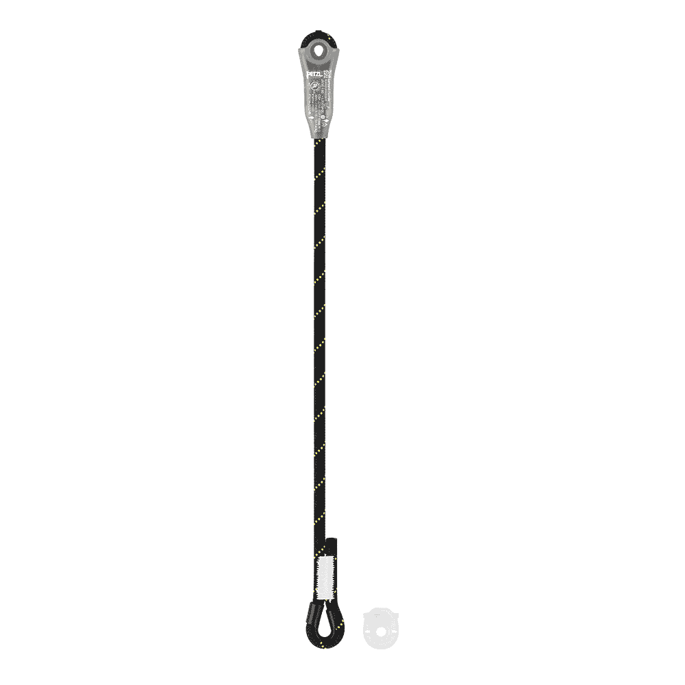 Petzl Jane-I, gray belay device with black rope with yellow dots and white stitching, plus a small transparent plastic ring