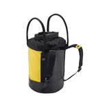 Yellow and black PETZL Bucket 30 container with carrying straps and padded shoulder straps, rear view
