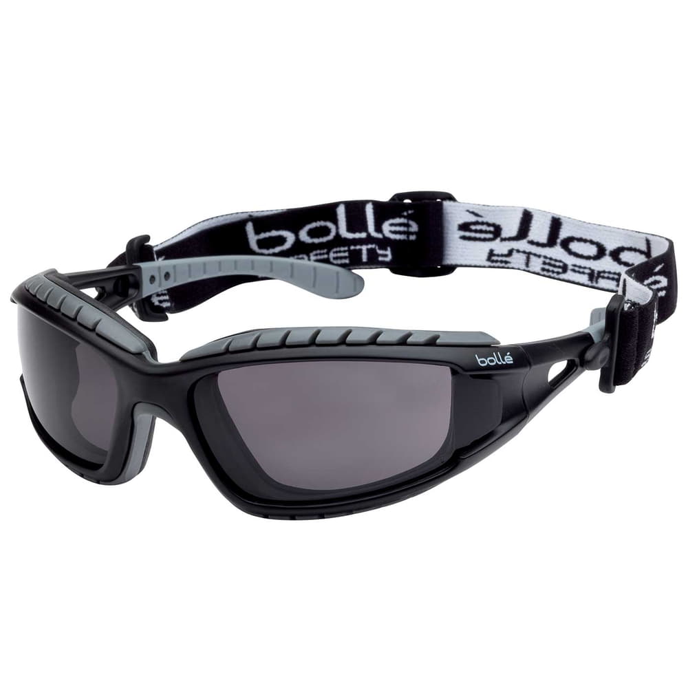 Tracker II by Bollé, black goggles with dark lens and adjustable black and white elastic band with bollé print