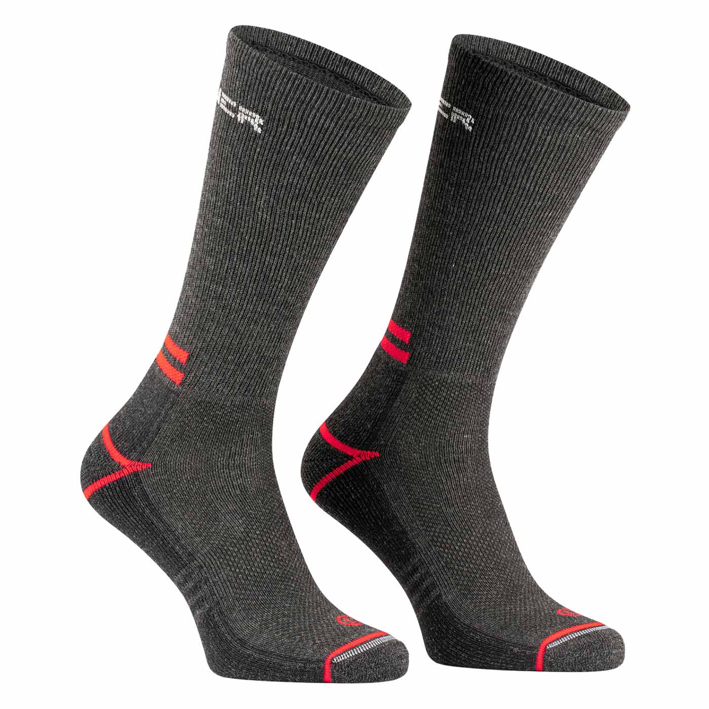 Outdoor Light grey sports socks with red and white accents, without visible manufacturer name.