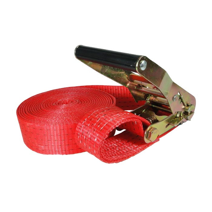 Lashing strap with red webbing and metal ratchet
