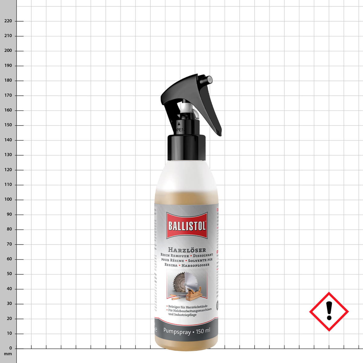 Ballistol Resin Solvent Pump Spray 150 ml with black spray head and grey label with red Ballistol logo and image of a circular saw and planer on a white background
