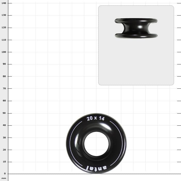 black plastic ring with white inscription "antai 20 x 14", view from above and to the side