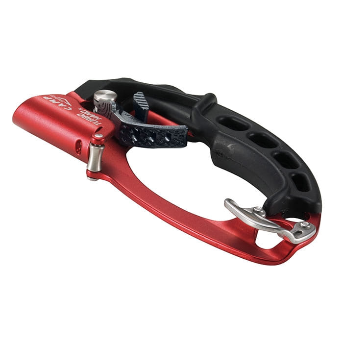 CAMP Turbohand Pro R belay device in red and black with metal clasp and handle