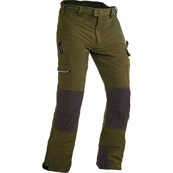 Globe work trousers in olive green with black knee pads and multiple pockets