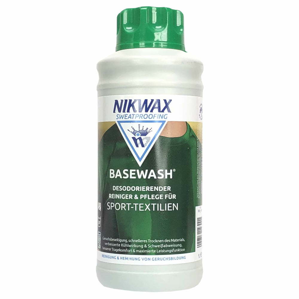 Nikwax Basewash bottle with green lid, white body and green label that says "Deodorising Cleaner & Care for Sports Textiles"