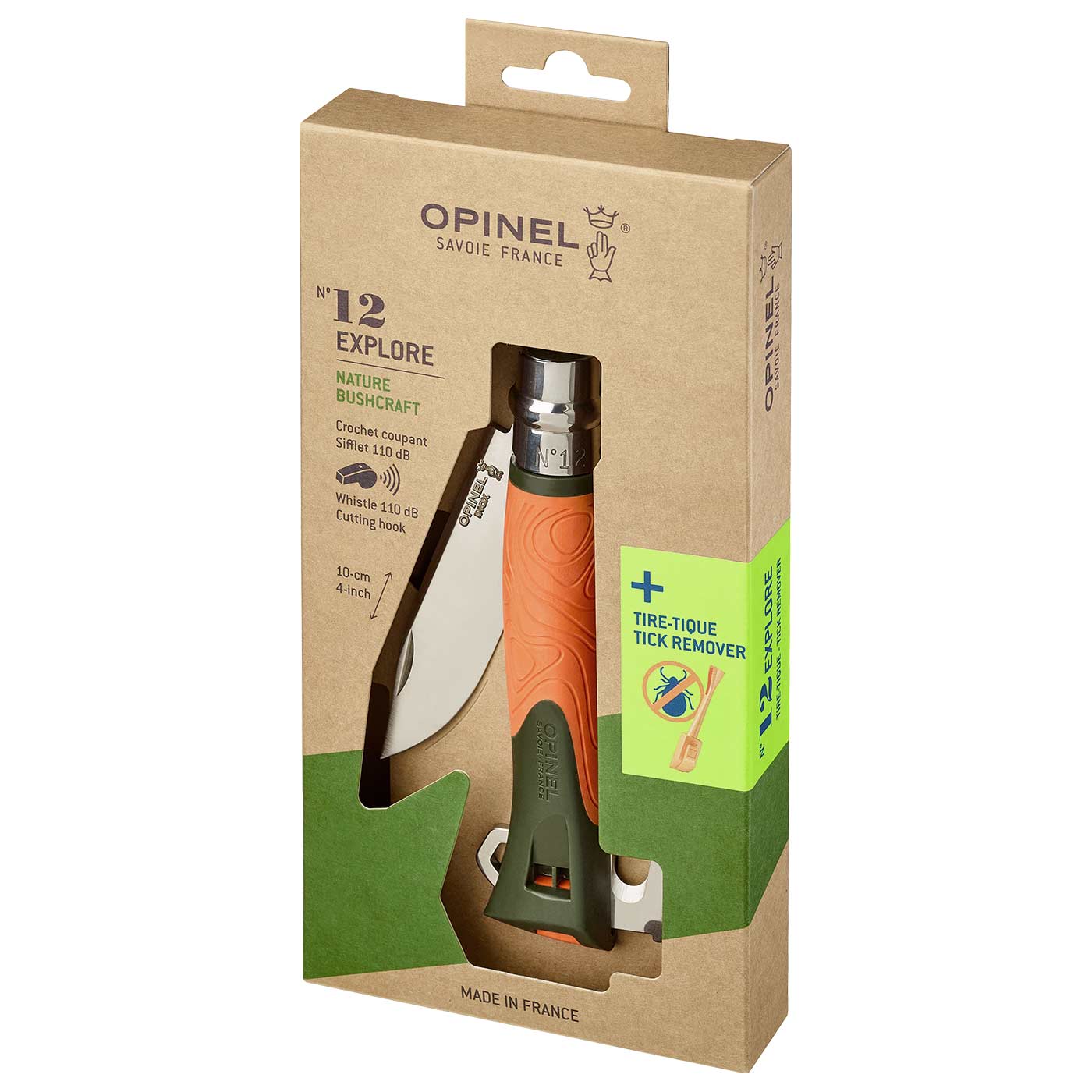 Opinel N°12 Explore knife in brown cardboard packaging with green print and viewing window, orange and green handle, manufacturer Opinel