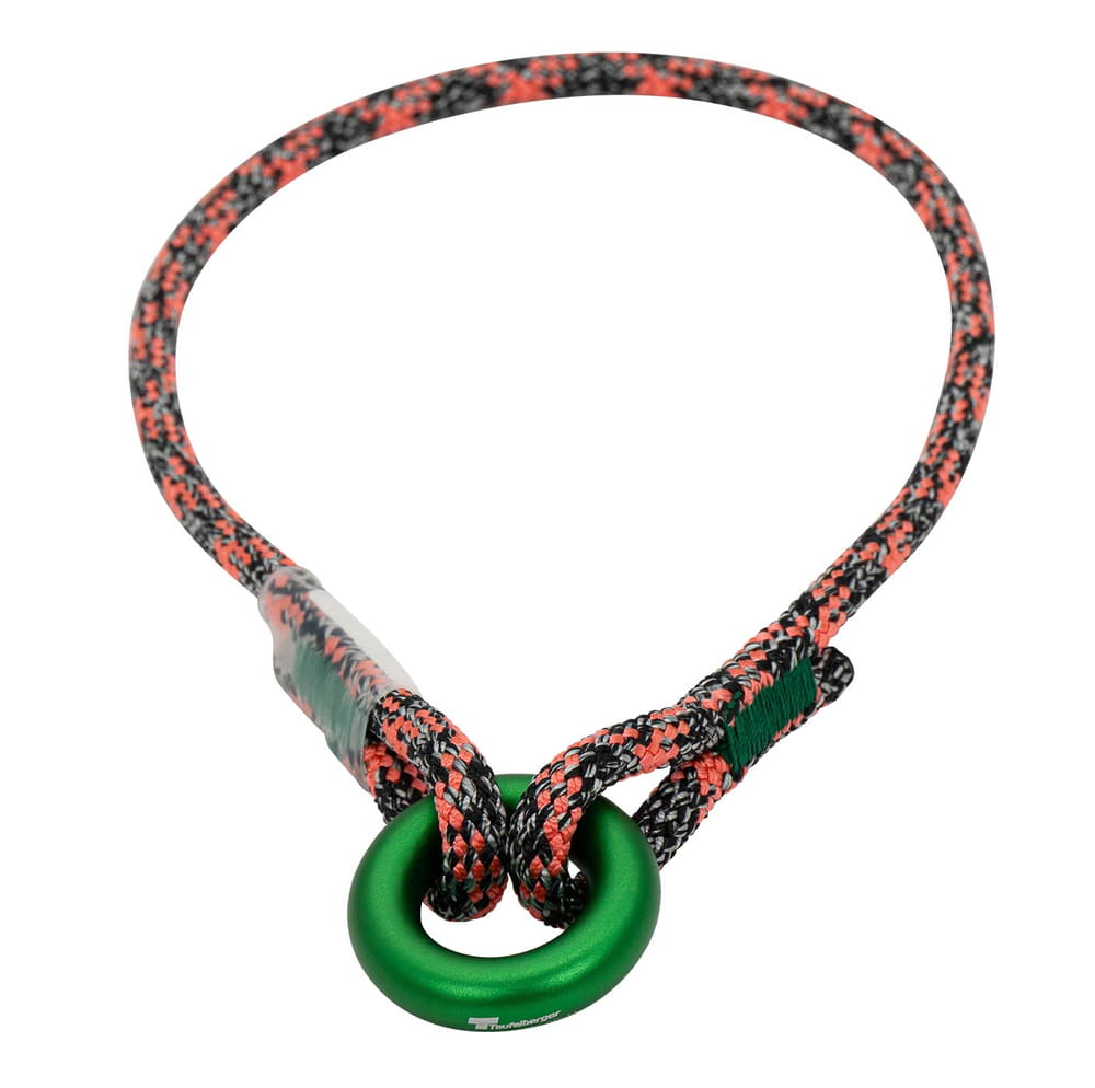 ringLOOP 26, a rope with an orange-black pattern and green metal ring, visible manufacturer name Teufelberger on the ring, from a different perspective