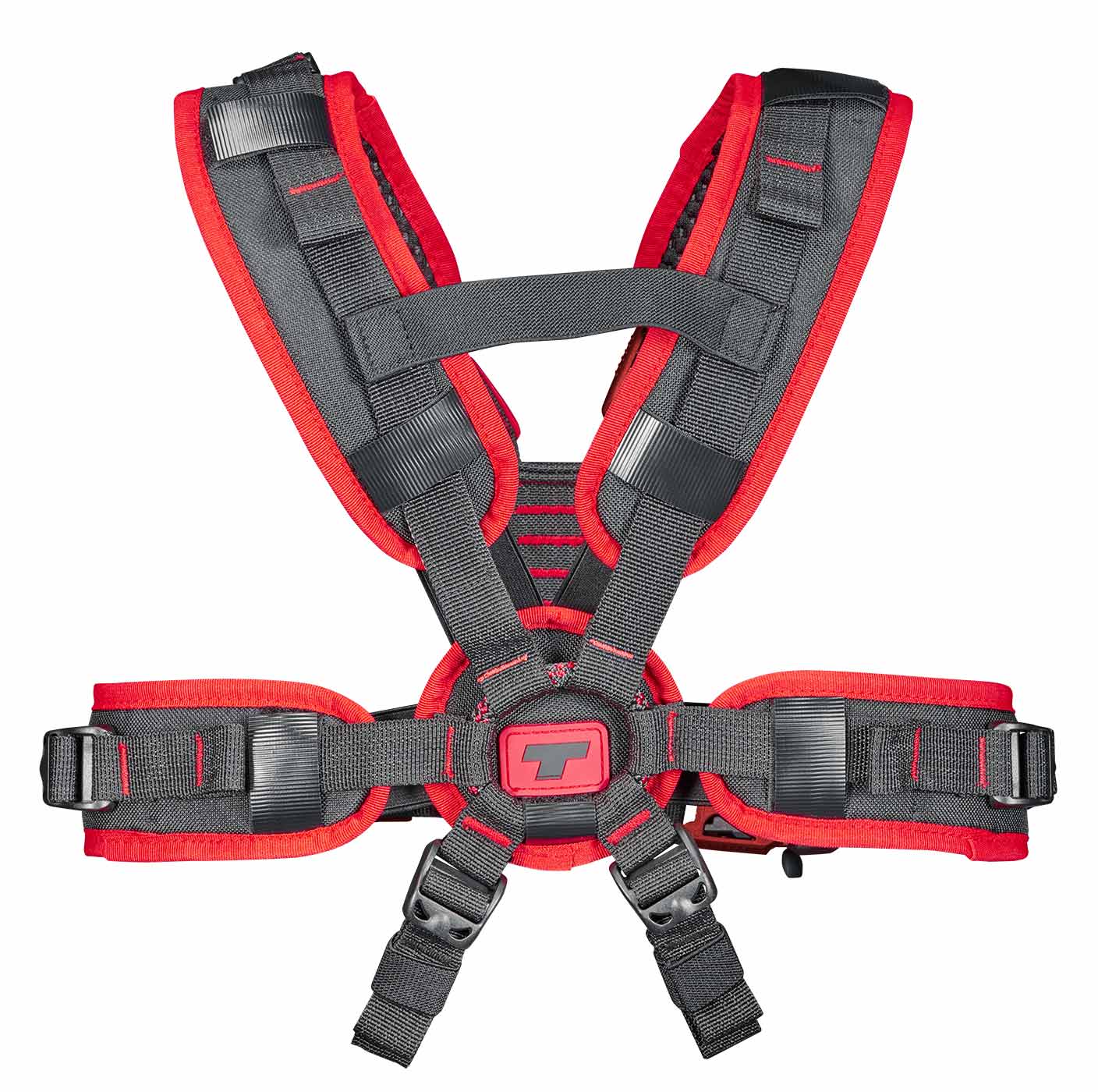 upMOTION SRT, back of the black and red harness with buckles and a red logo in the middle