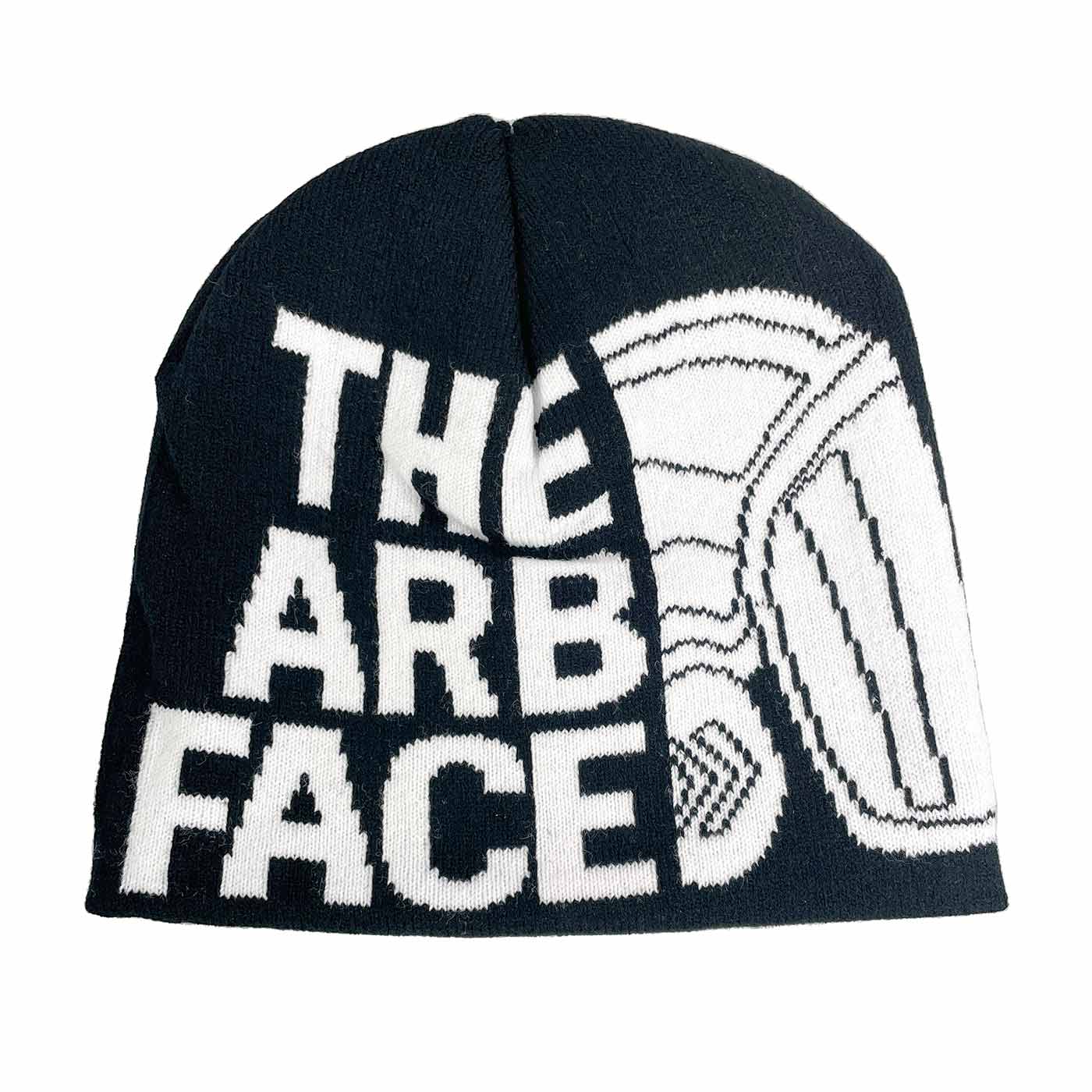 Black Arbface beanie with white lettering "THE ARB FACE" and white design on the right side